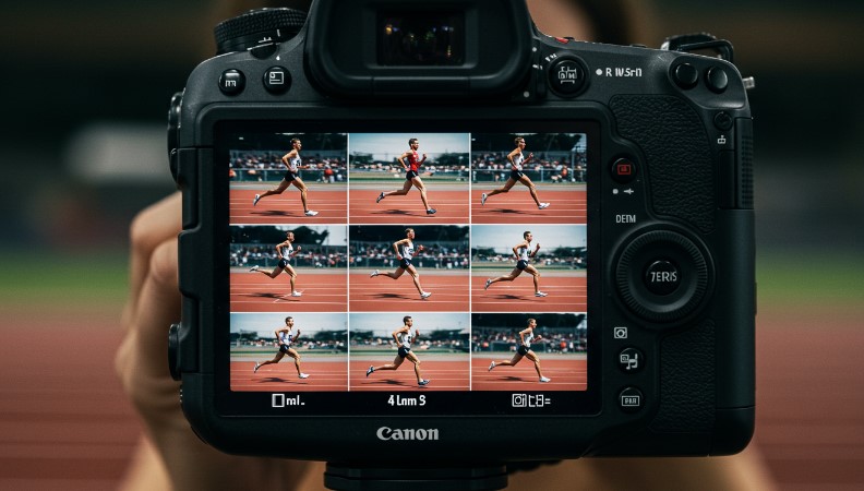 A runner's momentum captured in a series of split-second images, frozen in time on a camera screen