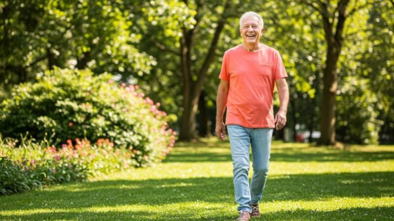 A man in a coral shirt walks through a park