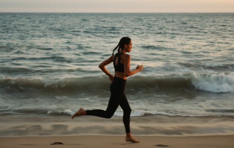A woman in athletic wear enjoys a run along the beach at sunset
