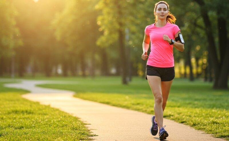 Woman jogging on a paved path in a park, bathed in golden sunlight