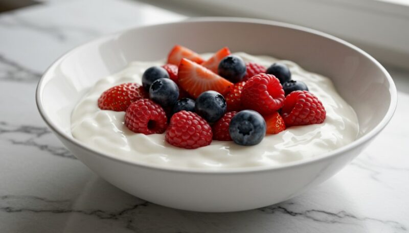 A creamy bowl of yogurt topped with vibrant raspberries, plump blueberries, and juicy strawberries