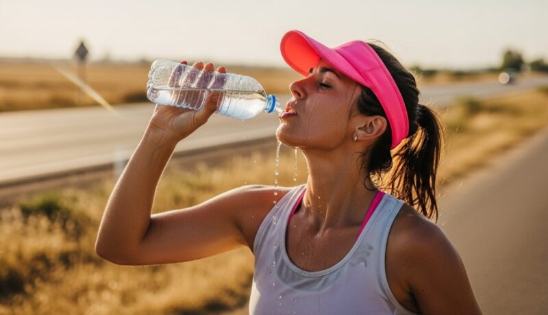 A woman running while taking a sip from a water bottle, dressed in athletic gear
