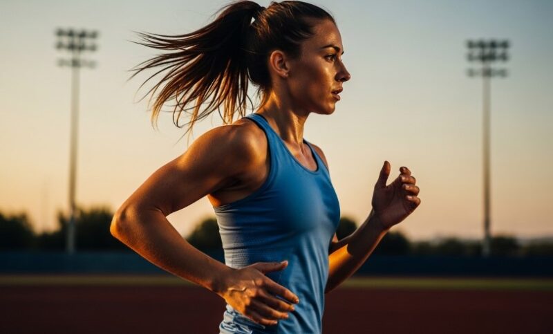 A woman runs on a track during sunset, with vibrant orange and purple skies illuminating the scene