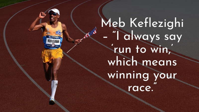 Meb Keflezighi celebrates on the track holding a flag, paired with his inspiring running quote