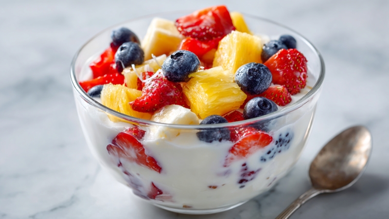 A glass bowl of yogurt topped with fresh strawberries, blueberries, and pineapple pieces served with a spoon