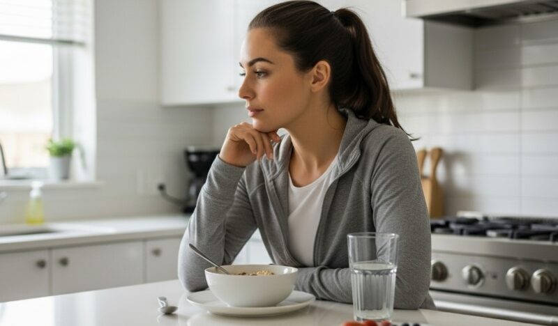 A woman sitting at a table, enjoying a bowl of cereal for breakfast