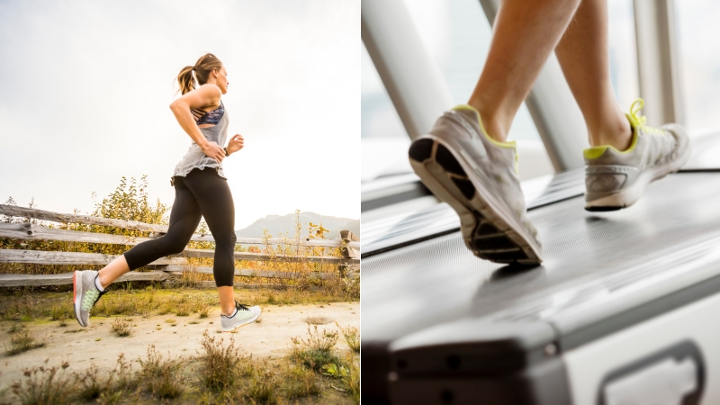 Running outside vs treadmill comparison showing a woman running outdoors and close-up of feet on a treadmill