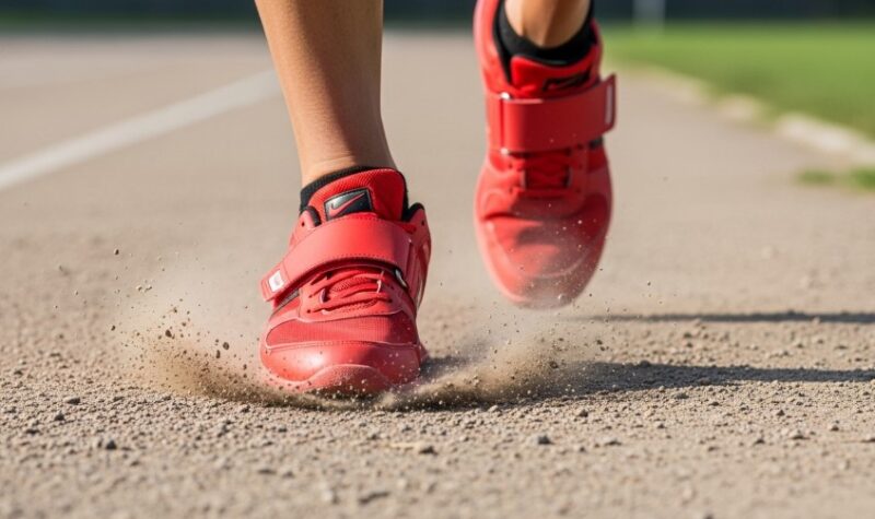 Close up photo of a runner running in red lifting shoes