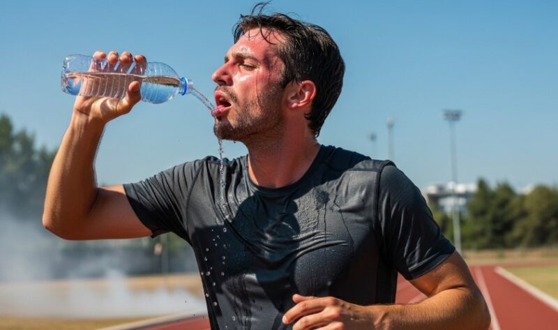 A man drinks water from a bottle while standing on a running track, dressed in athletic gear