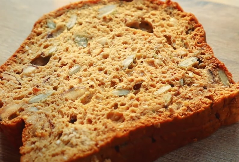 A slice of a hole grain bread, close up view