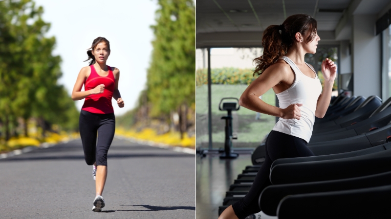 Side-by-side view of a woman running outdoors and another woman running on a treadmill indoors
