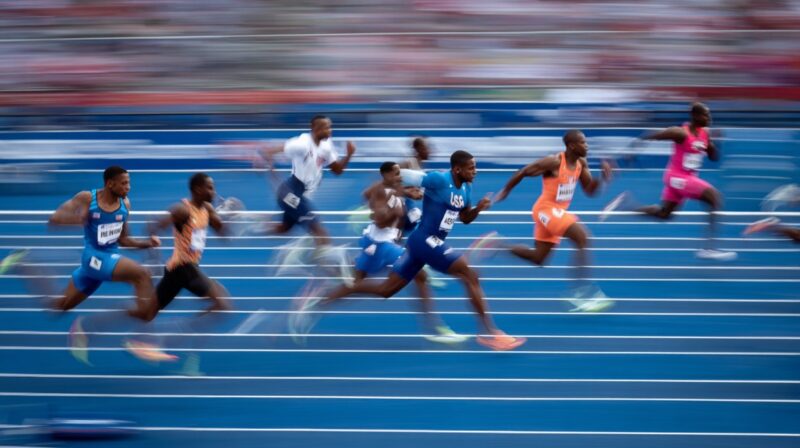 Athletes sprinting side by side on a blue track during an international race, captured with motion blur to highlight speed