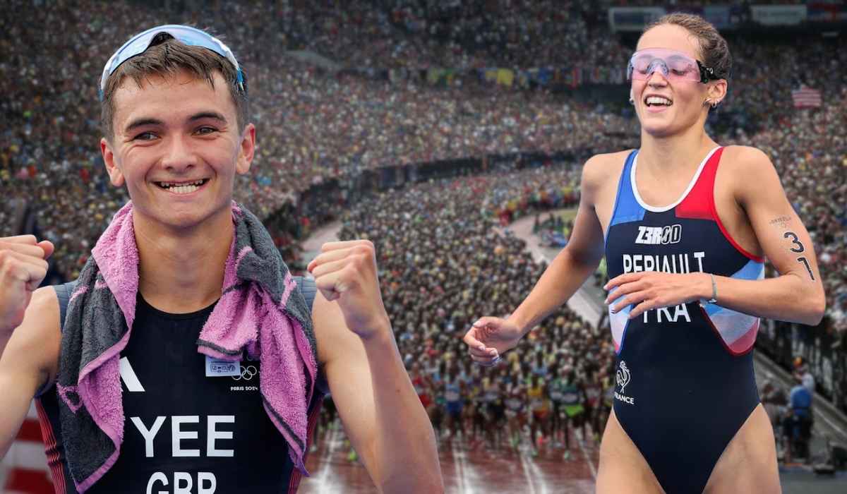 Two triathletes celebrating at the finish line in front of a packed stadium, showing expressions of triumph and exhaustion after completing the 10K run leg