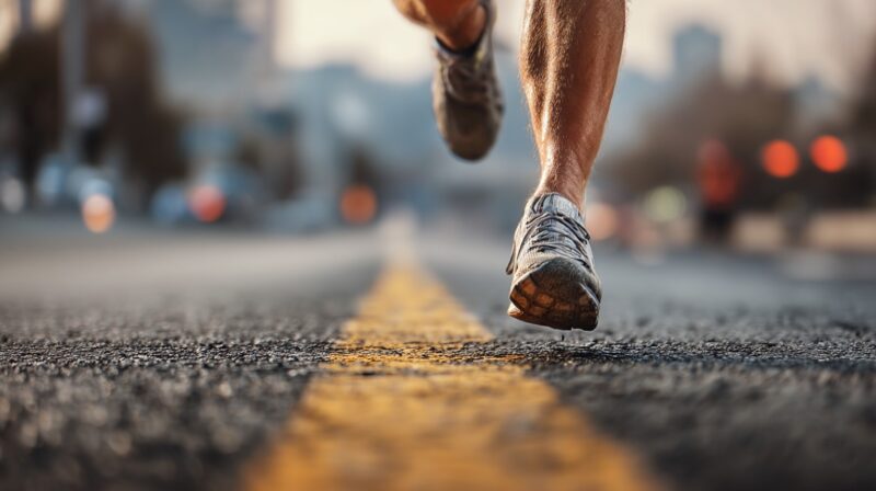 Close-up of a runner’s legs and shoes mid-stride on a city street, focused on the yellow road line