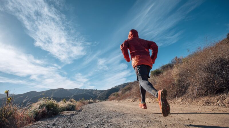 Runner in a red jacket and leggings jogging uphill on a dirt trail surrounded by mountains and blue sky