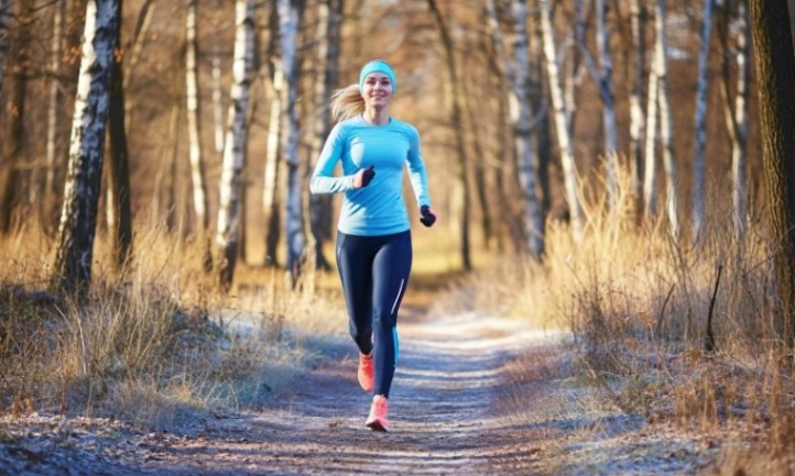 A woman running through a lush green forest, surrounded by tall trees and dappled sunlight filtering through the leaves