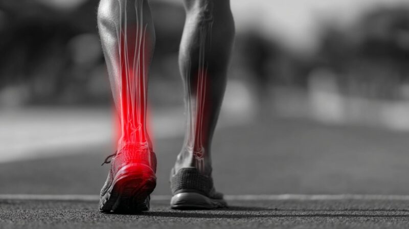 Close-up of a runner’s lower legs with an illustration highlighting pain and inflammation in the shin and ankle area