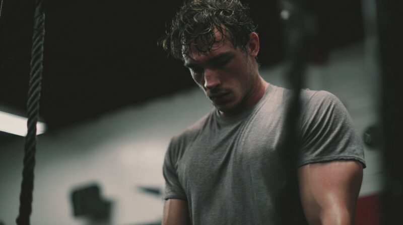 Man in a gym wearing a gray shirt, sweating and focused after an intense workout, symbolizing effort and performance training