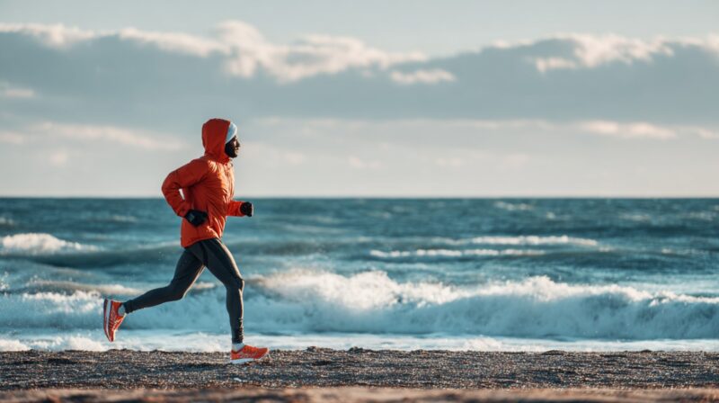 Runner in an orange jacket and leggings jogging along a beach with waves in the background, under a cloudy blue sky.