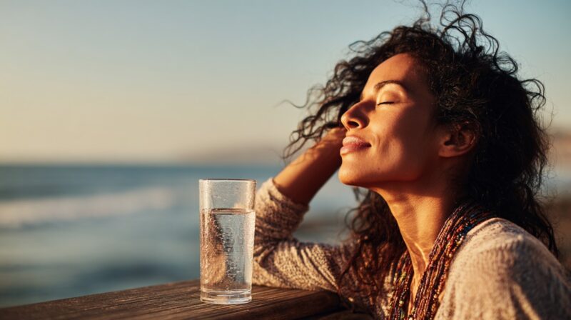 Person sitting by the ocean at sunset, eyes closed in relaxation with a glass of water beside them on a wooden surface
