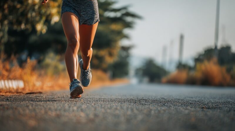 Close-up of a runner’s legs and shoes on an open road during sunrise, emphasizing speed and focus