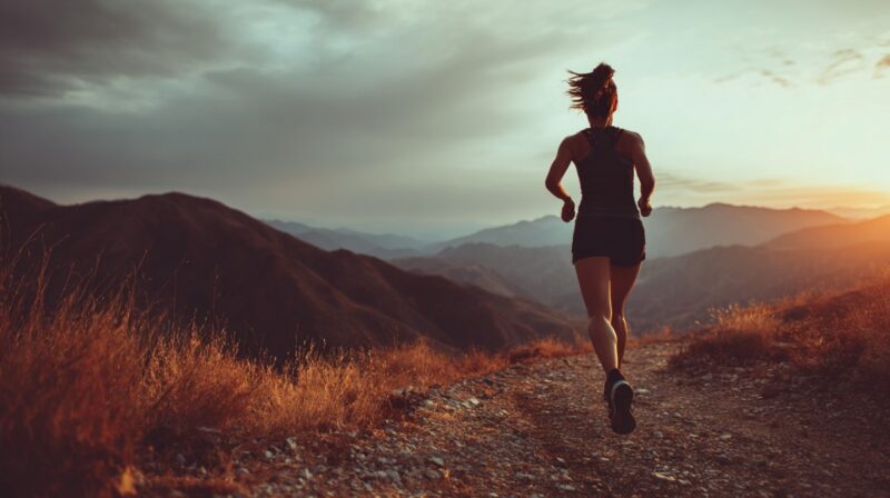 Runner in activewear jogging along a mountain trail at sunset, representing the challenge and beauty of setting a personal 5K record