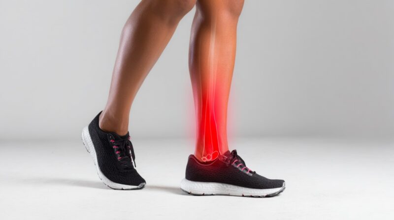 Close-up of a person’s lower legs wearing black running shoes, with a red highlight indicating pain along the shin bone
