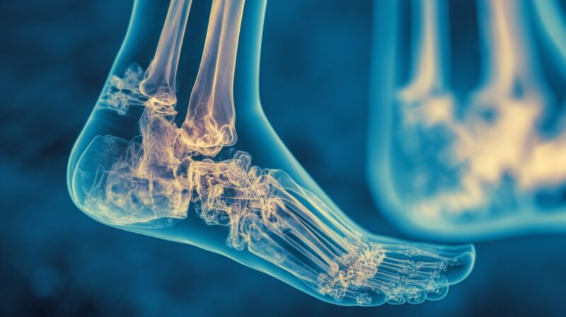 3D rendered image of a human foot and ankle showing bones and joints, highlighting the structure most affected by stress fractures