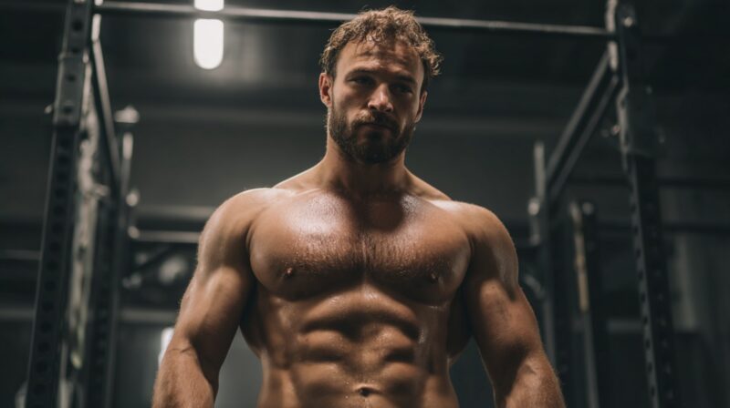 Person with a muscular build standing shirtless in a gym setting, slightly sweating under workout lighting, conveying intensity and focus