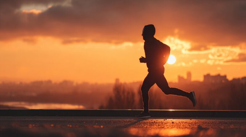 Runner silhouetted against a glowing orange sunset, moving along a city skyline horizon