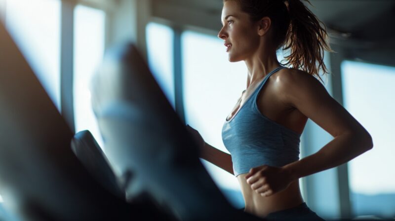 Focused woman running indoors on a treadmill, illuminated by sunlight streaming through large windows