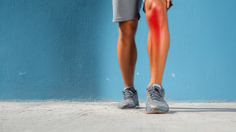 A person in athletic wear holding their leg with visible redness and pain around the shin area, standing against a blue wall
