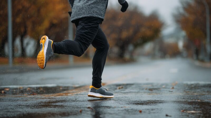 Runner in dark athletic gear mid-stride on a wet road during a rainy day, with autumn trees in the background