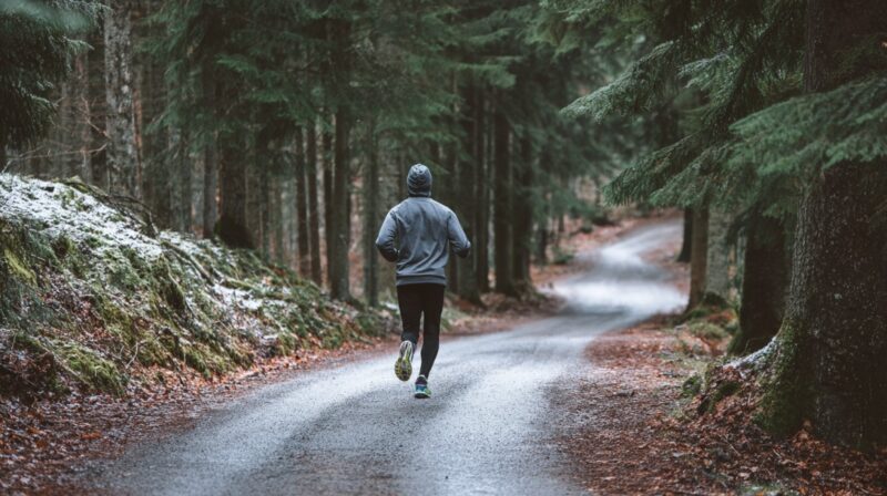 Runner in a gray hoodie and black leggings jogging along a winding forest trail with light snow and damp leaves on the ground