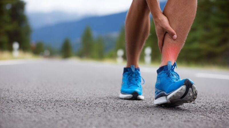 Runner on a road holding their lower leg in pain, with red highlighting around the shin area to indicate inflammation