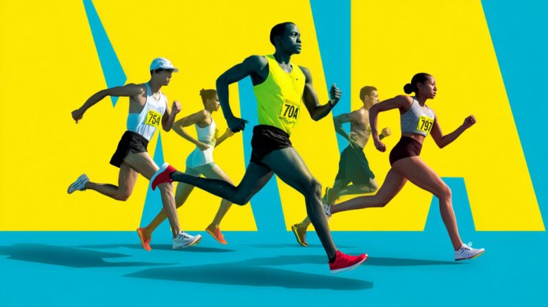 Group of runners in colorful athletic gear sprinting against a bold yellow and blue background with large VMA letters behind them