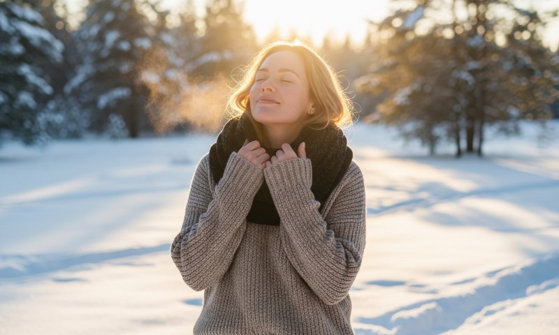 A woman wearing a sweater and scarf stands in a snowy landscape