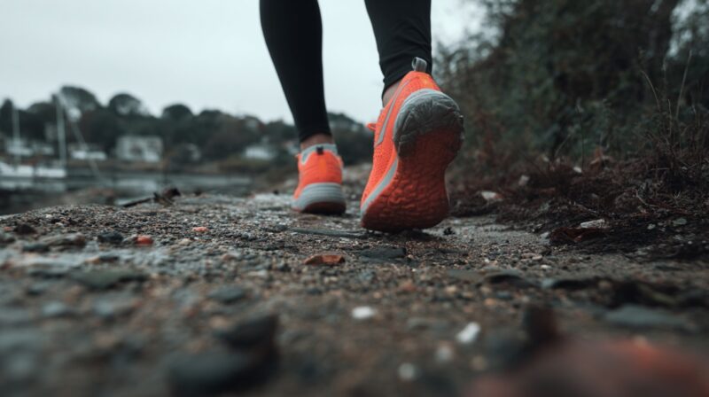 Close-up of a runner’s bright orange shoes on a gravel path, emphasizing motion and texture in an outdoor setting
