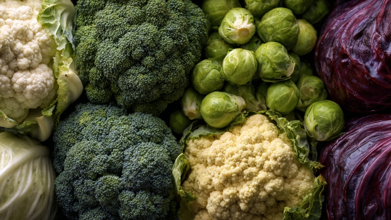 Fresh broccoli, cauliflower, and Brussels sprouts shown together for inflammation reduction