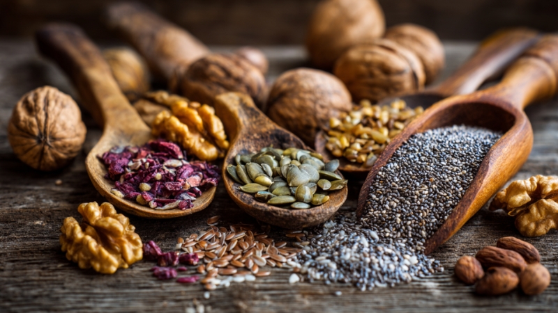 A mix of nuts and seeds arranged on a wooden surface for inflammation reduction