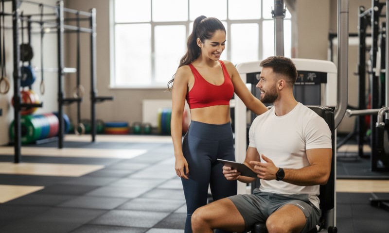 A woman in a red sports bra and blue leggings stands smiling at a seated man in a white shirt holding a tablet in a bright gym
