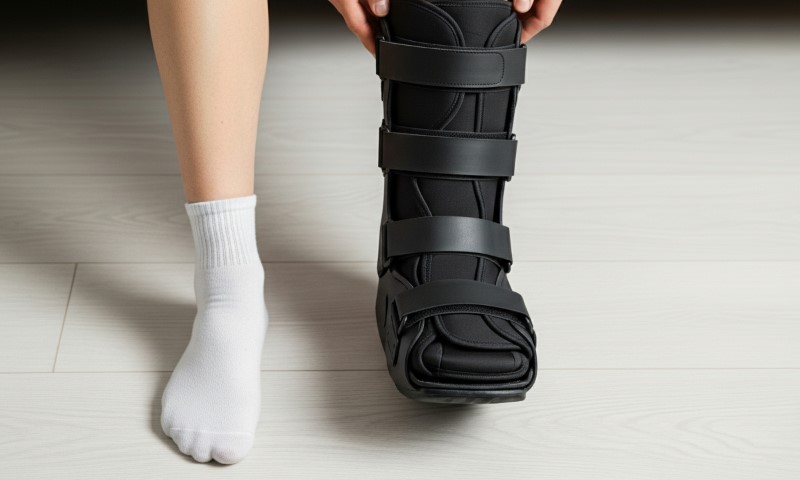 A person with a white sock on the left foot, adjusting a black orthopedic boot on the right foot against a light wooden floor