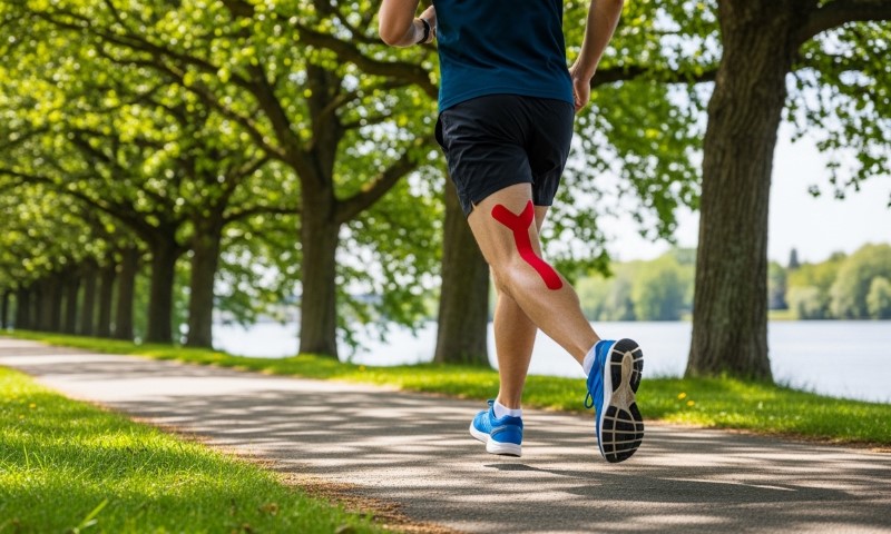 A runner in blue shoes jogs down a tree-lined path by a lake, with red kinesiology tape on their calf