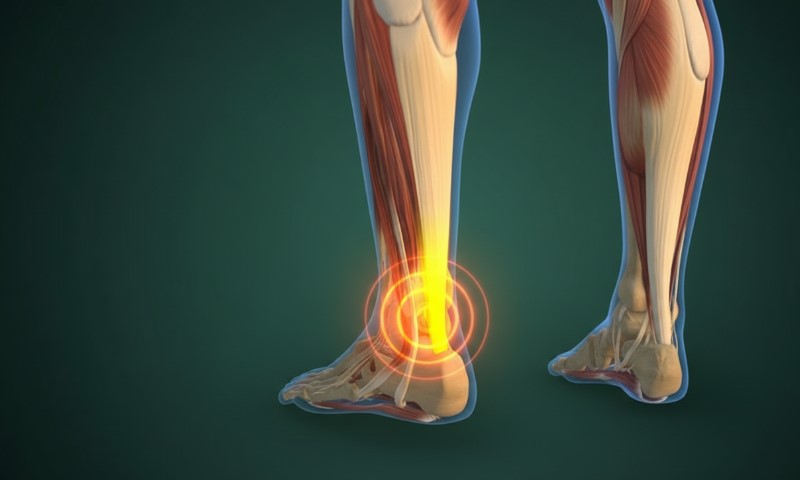 Illustration of lower legs showing muscles and bones, with a glowing orange target highlighting Achilles tendon pain.