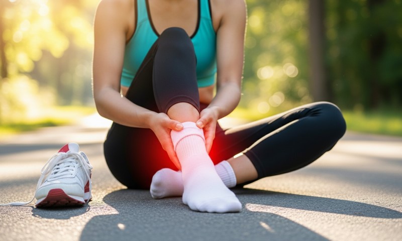 A woman in athletic wear sits on a sunlit path, holding her glowing sore ankle with discomfort