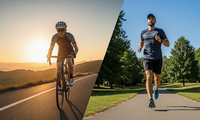 Split image of outdoor activities: A cyclist rides along a sunny mountain road at dusk, while a runner jogs on a tree-lined path in a park