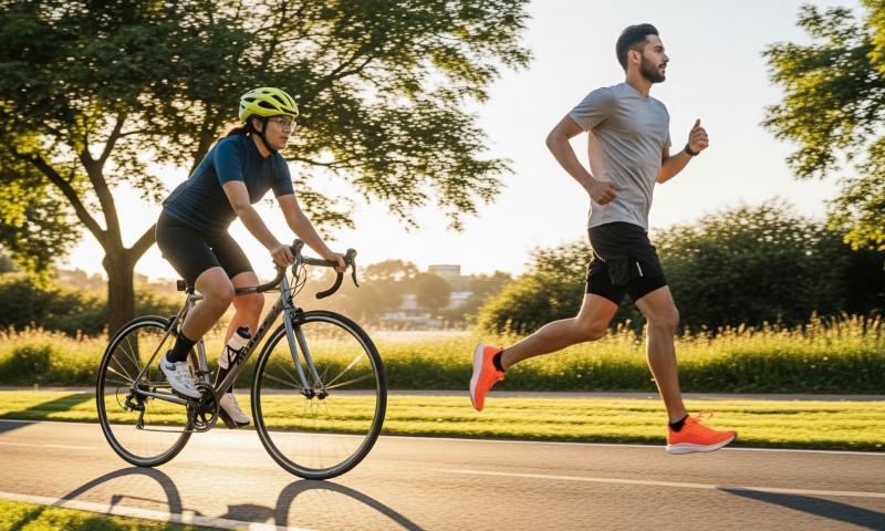 A cyclist and a jogger exercise on a sunny park path surrounded by greenery